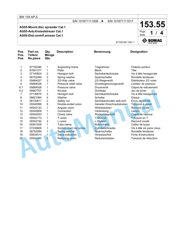 Bomag BW 154 AP-5 Tandem Vibratory Roller Spare Parts Catalogue 00826313 3 Bomag BW 154 AP-5 Tandem Vibratory Roller Spare Parts Catalogue 00826313-3