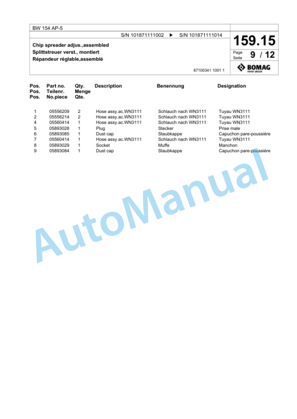 Bomag BW 154 AP-5 Tandem Vibratory Roller Spare Parts Catalogue 00826313 4 Bomag BW 154 AP-5 Tandem Vibratory Roller Spare Parts Catalogue 00826313-4