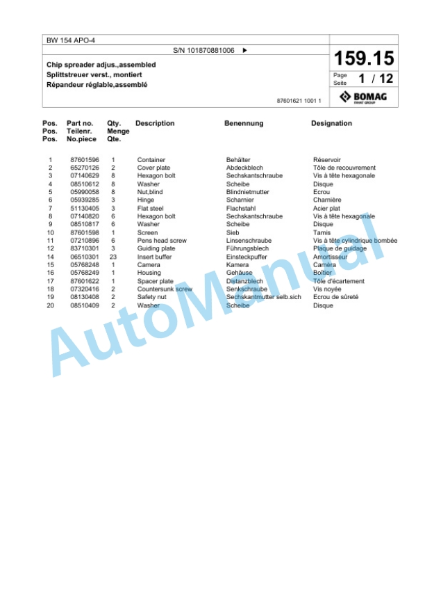 Bomag BW 154 APO-4 Tandem Vibratory Roller Spare Parts Catalogue 00825677 4 Bomag BW 154 APO-4 Tandem Vibratory Roller Spare Parts Catalogue 00825677-4