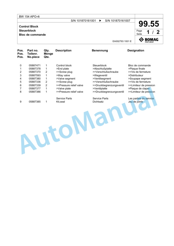 Bomag BW 154 APO-4i Tandem Vibratory Roller Spare Parts Catalogue 00825097 3 Bomag BW 154 APO-4i Tandem Vibratory Roller Spare Parts Catalogue 00825097-3