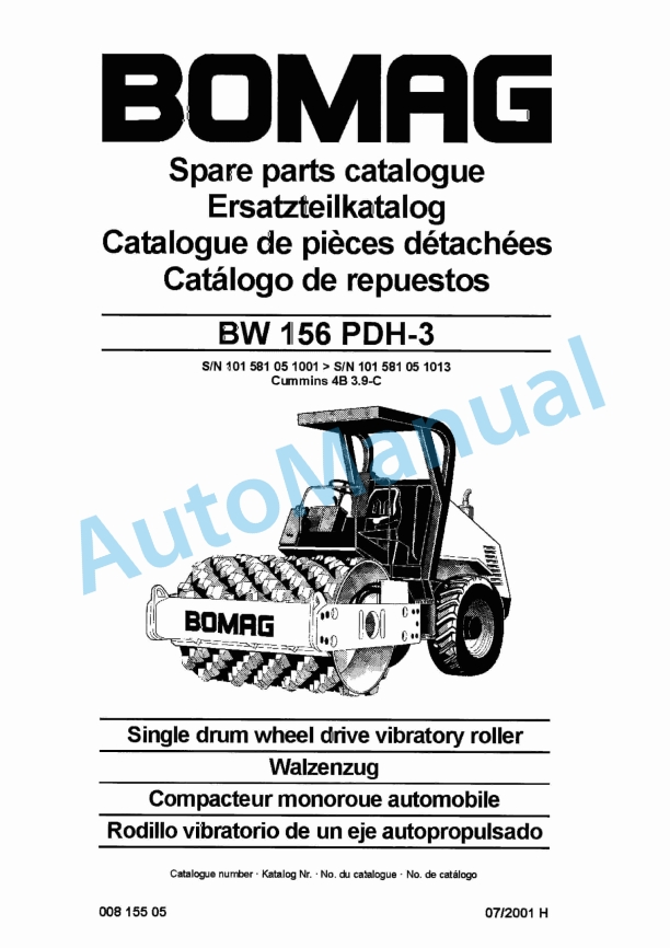 Bomag BW 156 PDH-3 Single Drum Wheel Drive Vibratory Roller Spare Parts Catalogue 00815505 1 Bomag BW 156 PDH-3 Single Drum Wheel Drive Vibratory Roller Spare Parts Catalogue 00815505