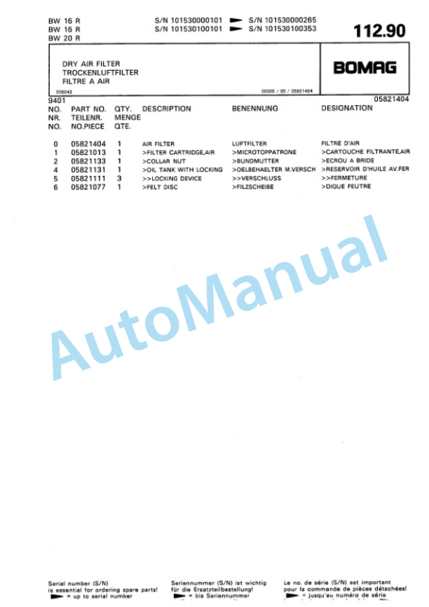 Bomag BW 16 R, BW 20 R Pneumatic Tyred Roller Spare Parts Catalogue 00811904 4 Bomag BW 16 R, BW 20 R Pneumatic Tyred Roller Spare Parts Catalogue 00811904-4