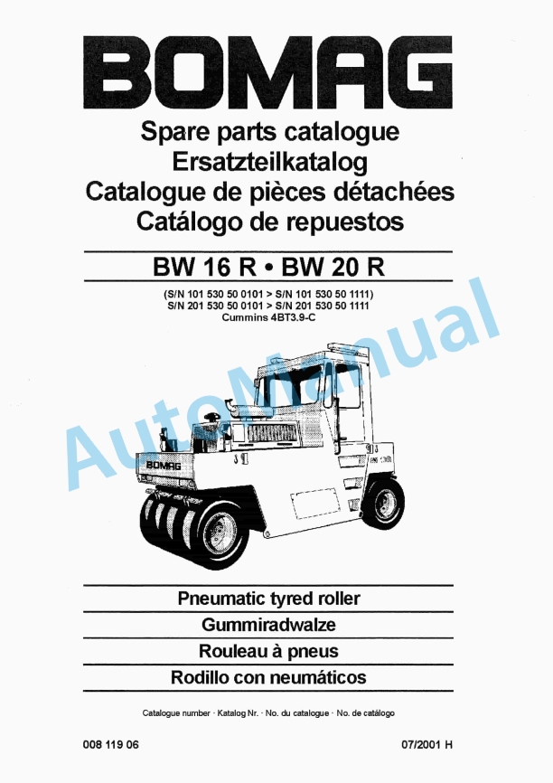 Bomag BW 16 R, BW 20 R Pneumatic Tyred Roller Spare Parts Catalogue 00811906 1 Bomag BW 16 R, BW 20 R Pneumatic Tyred Roller Spare Parts Catalogue 00811906