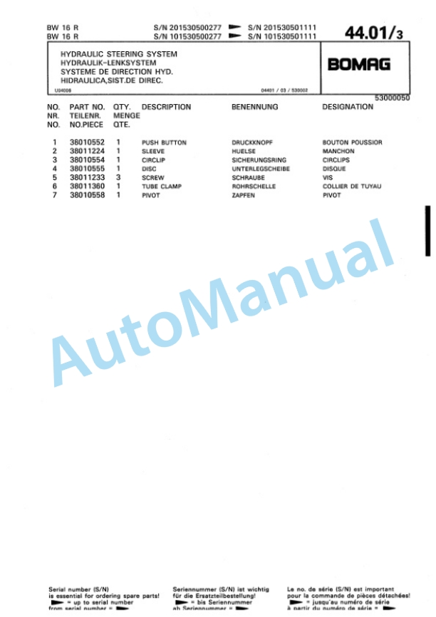 Bomag BW 16 R, BW 20 R Pneumatic Tyred Roller Spare Parts Catalogue 00811906 3 Bomag BW 16 R, BW 20 R Pneumatic Tyred Roller Spare Parts Catalogue 00811906-3