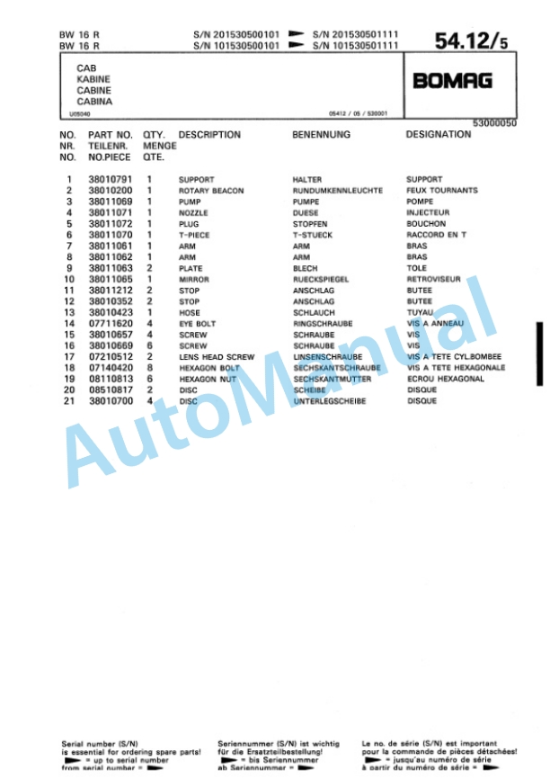Bomag BW 16 R, BW 20 R Pneumatic Tyred Roller Spare Parts Catalogue 00811906 4 Bomag BW 16 R, BW 20 R Pneumatic Tyred Roller Spare Parts Catalogue 00811906-4