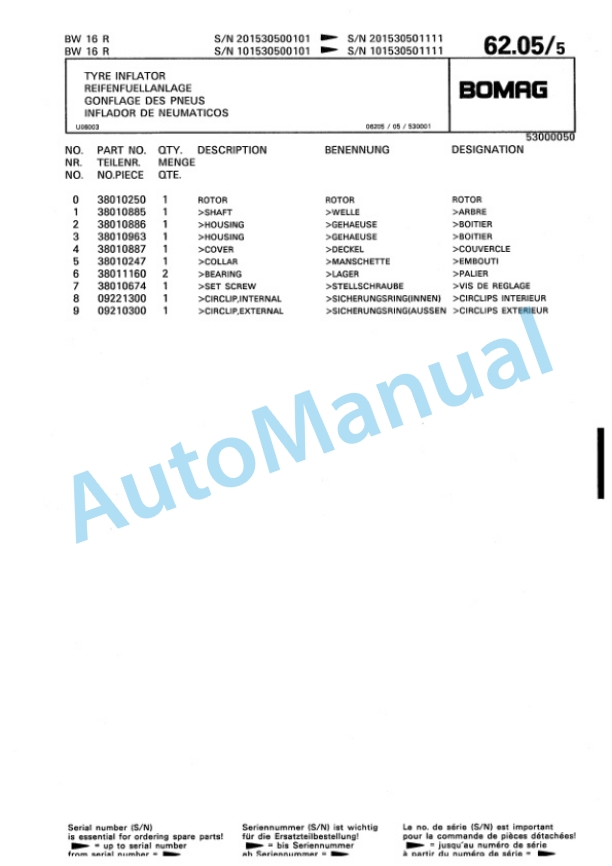 Bomag BW 16 R, BW 20 R Pneumatic Tyred Roller Spare Parts Catalogue 00811906 5 Bomag BW 16 R, BW 20 R Pneumatic Tyred Roller Spare Parts Catalogue 00811906-5