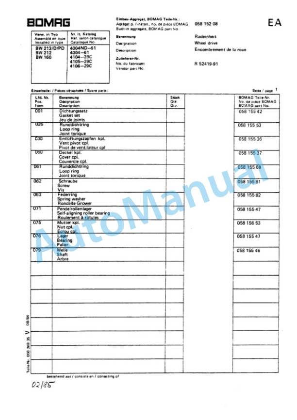Bomag BW 160 A, BW 160 AD, BW 160 AC Spare Parts Catalogue 00814611 3 Bomag BW 160 A, BW 160 AD, BW 160 AC Spare Parts Catalogue 00814611-3