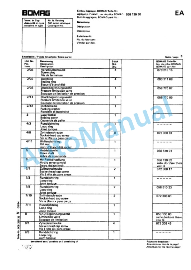 Bomag BW 160 A, BW 160 AD, BW 160 AC Spare Parts Catalogue 00814612 FR 5 Bomag BW 160 A, BW 160 AD, BW 160 AC Spare Parts Catalogue 00814612 FR-5