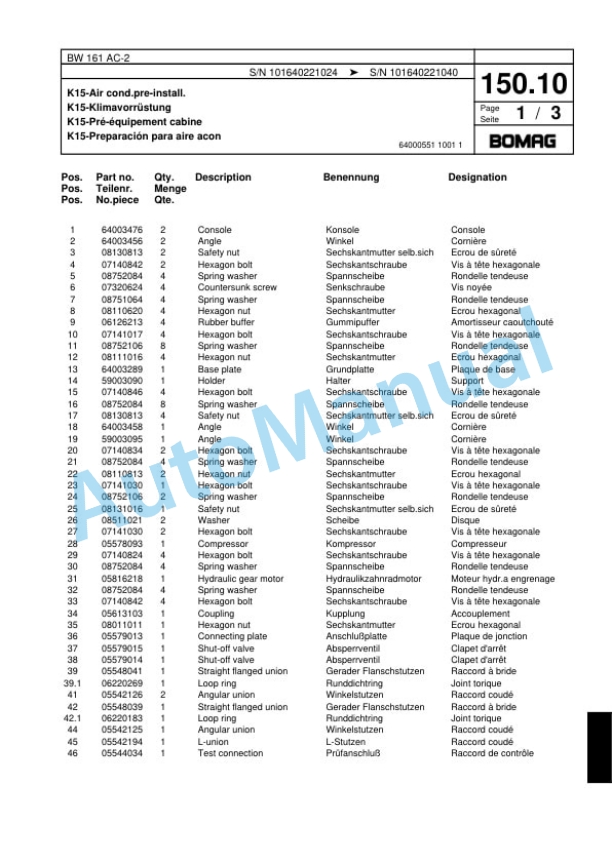 Bomag BW 161 AC-2 Combination Roller Spare Parts Catalogue 00817492 4 Bomag BW 161 AC-2 Combination Roller Spare Parts Catalogue 00817492-4