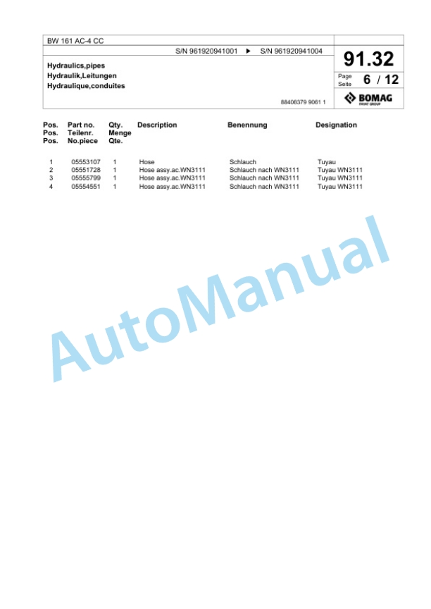 Bomag BW 161 AC-4 CC Combination Roller Spare Parts Catalogue 00826801 4 Bomag BW 161 AC-4 CC Combination Roller Spare Parts Catalogue 00826801-4