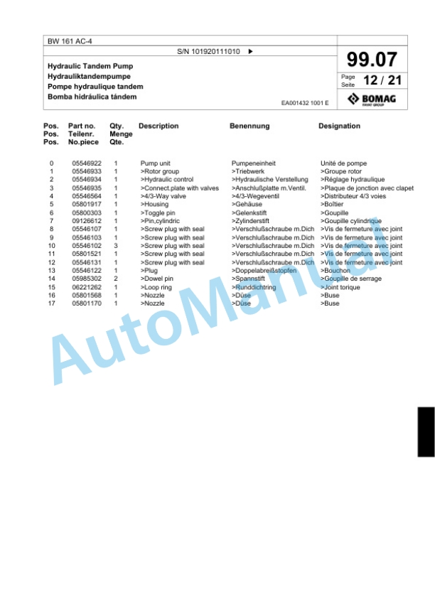 Bomag BW 161 AC-4 Combination Roller Spare Parts Catalogue 00817947 3 Bomag BW 161 AC-4 Combination Roller Spare Parts Catalogue 00817947-3