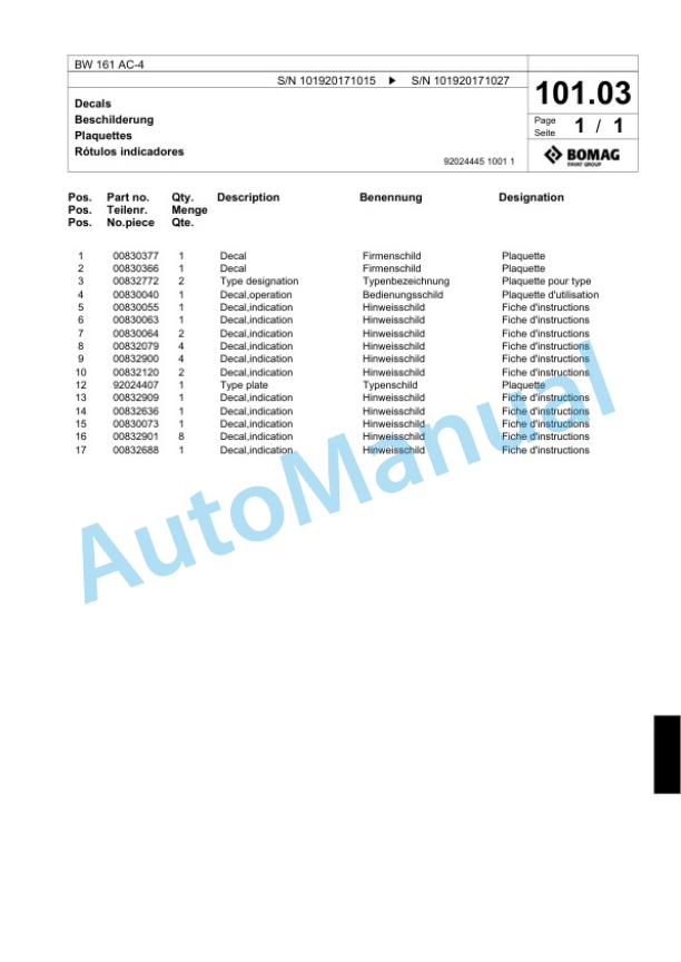 Bomag BW 161 AC-4 Combination Roller Spare Parts Catalogue 00818589 4 Bomag BW 161 AC-4 Combination Roller Spare Parts Catalogue 00818589-4