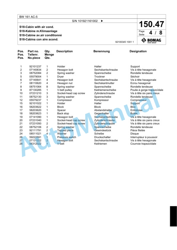 Bomag BW 161 AC-5 Combination Roller Spare Parts Catalogue 00824109 4 Bomag BW 161 AC-5 Combination Roller Spare Parts Catalogue 00824109-4