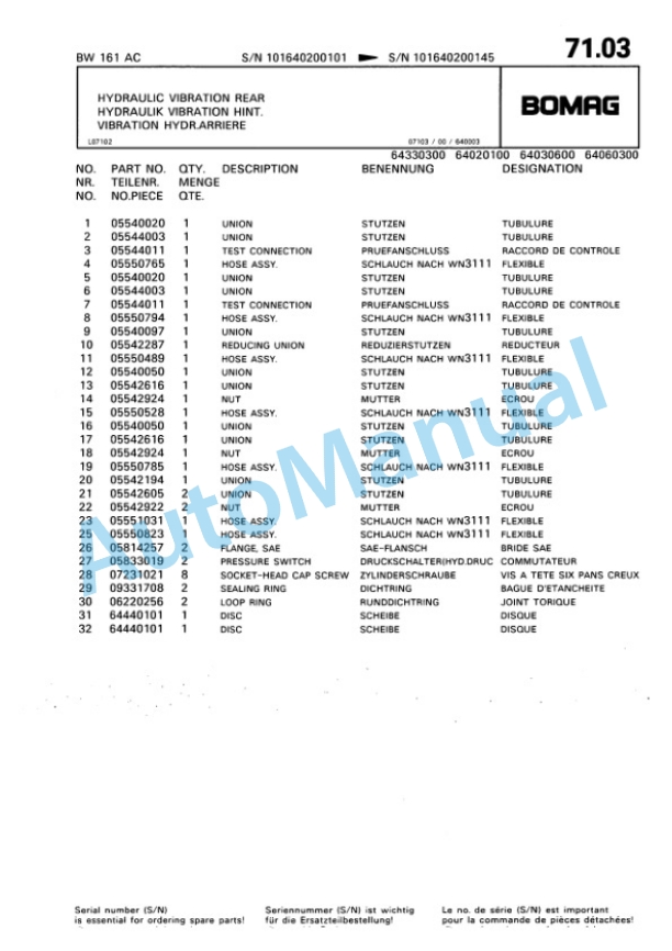 Bomag BW 161 AC Combination Roller Spare Parts Catalogue 00810053 4 Bomag BW 161 AC Combination Roller Spare Parts Catalogue 00810053-4