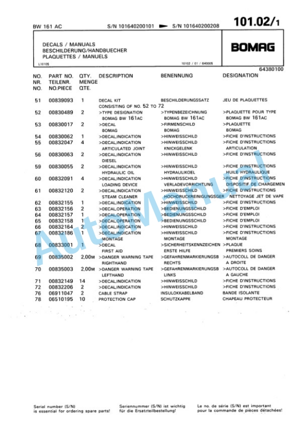 Bomag BW 161 AC Combination Roller Spare Parts Catalogue 00810053 5 Bomag BW 161 AC Combination Roller Spare Parts Catalogue 00810053-5