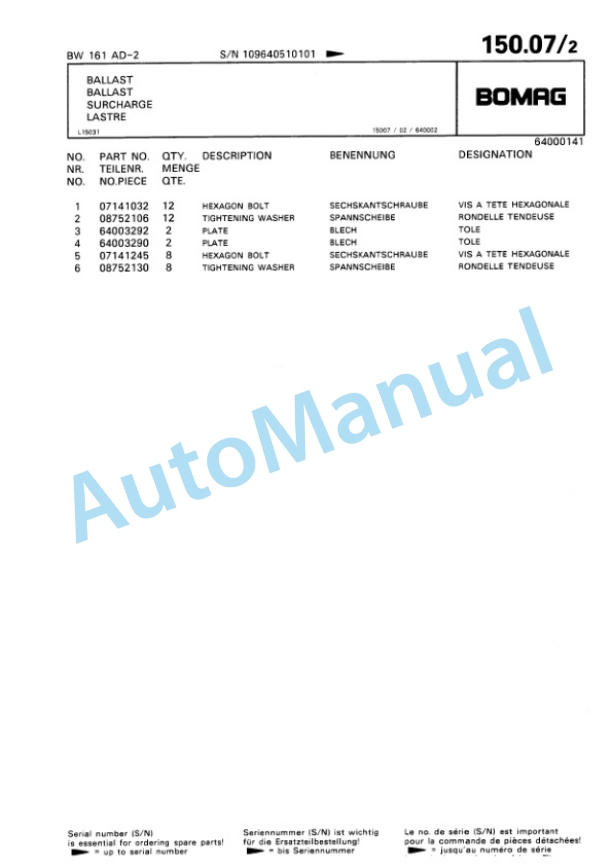 Bomag BW 161 AD-2 Tandem Vibratory Roller Spare Parts Catalogue 00810951 5 Bomag BW 161 AD-2 Tandem Vibratory Roller Spare Parts Catalogue 00810951-5