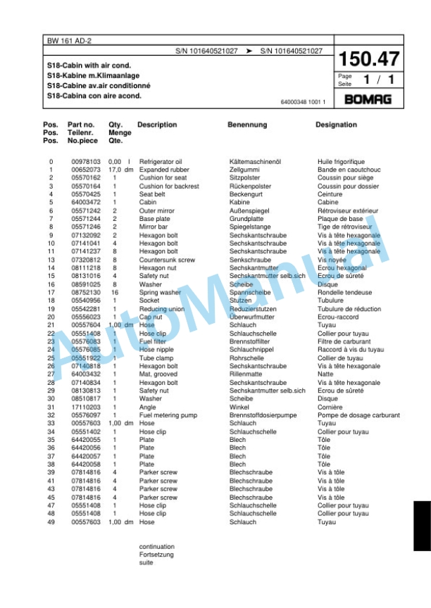 Bomag BW 161 AD-2 Tandem Vibratory Roller Spare Parts Catalogue 00817494 5 Bomag BW 161 AD-2 Tandem Vibratory Roller Spare Parts Catalogue 00817494-5