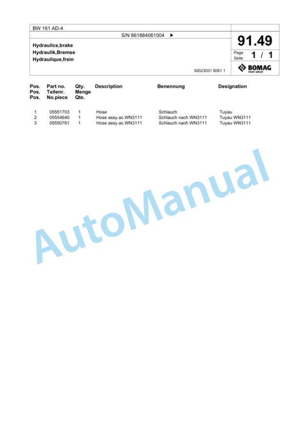 Bomag BW 161 AD-4 Tandem Vibratory Roller Spare Parts Catalogue 00824735 2 Bomag BW 161 AD-4 Tandem Vibratory Roller Spare Parts Catalogue 00824735-2