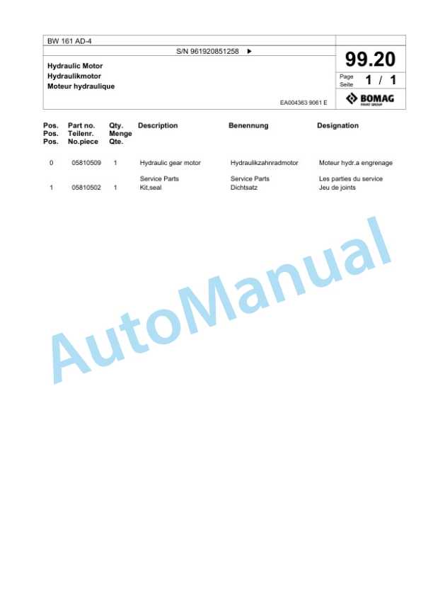 Bomag BW 161 AD-4 Tandem Vibratory Roller Spare Parts Catalogue 00826239 3 Bomag BW 161 AD-4 Tandem Vibratory Roller Spare Parts Catalogue 00826239-3