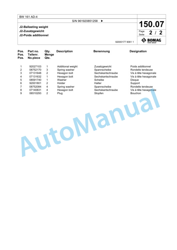Bomag BW 161 AD-4 Tandem Vibratory Roller Spare Parts Catalogue 00826239 4 Bomag BW 161 AD-4 Tandem Vibratory Roller Spare Parts Catalogue 00826239-4