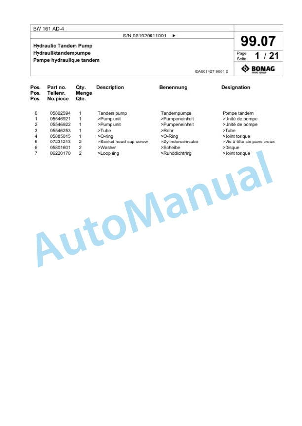 Bomag BW 161 AD-4 Tandem Vibratory Roller Spare Parts Catalogue 00826391 2 Bomag BW 161 AD-4 Tandem Vibratory Roller Spare Parts Catalogue 00826391-2