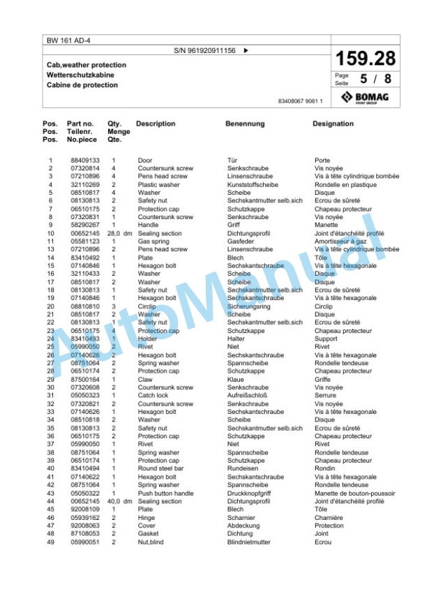 Bomag BW 161 AD-4 Tandem Vibratory Roller Spare Parts Catalogue 00826391 5 Bomag BW 161 AD-4 Tandem Vibratory Roller Spare Parts Catalogue 00826391-5