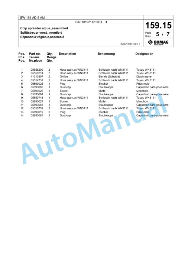 Bomag BW 161 AD-5 AM Tandem Vibratory Roller Spare Parts Catalogue 00824653-5
