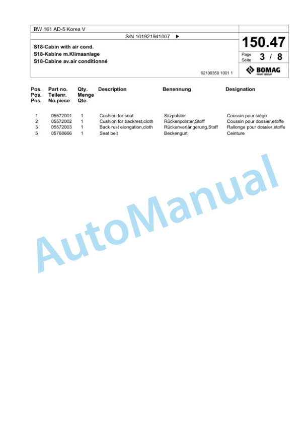 Bomag BW 161 AD-5 Korea V Tandem Vibratory Roller Spare Parts Catalogue 00826667 3 Bomag BW 161 AD-5 Korea V Tandem Vibratory Roller Spare Parts Catalogue 00826667-3