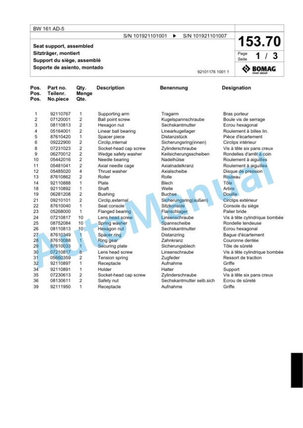 Bomag BW 161 AD-5 Tandem Vibratory Roller Spare Parts Catalogue 00824103 5 Bomag BW 161 AD-5 Tandem Vibratory Roller Spare Parts Catalogue 00824103-5