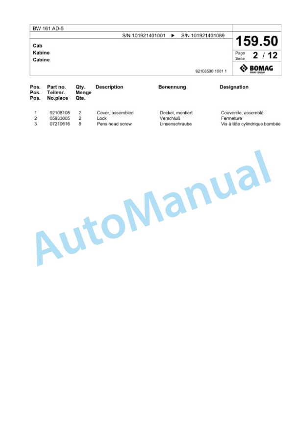 Bomag BW 161 AD-5 Tandem Vibratory Roller Spare Parts Catalogue 00824647 5 Bomag BW 161 AD-5 Tandem Vibratory Roller Spare Parts Catalogue 00824647-5