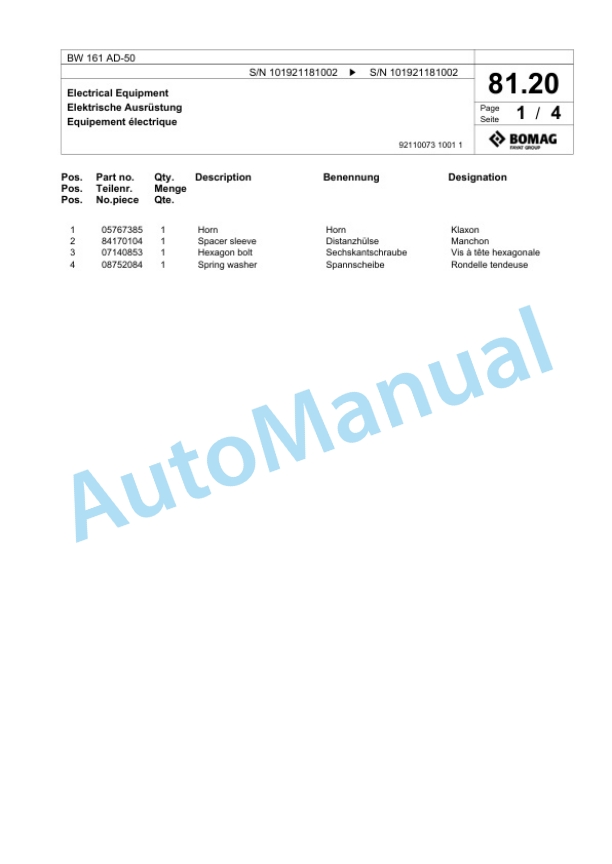 Bomag BW 161 AD-50 Tandem Vibratory Roller Spare Parts Catalogue 00824111 2 Bomag BW 161 AD-50 Tandem Vibratory Roller Spare Parts Catalogue 00824111-2