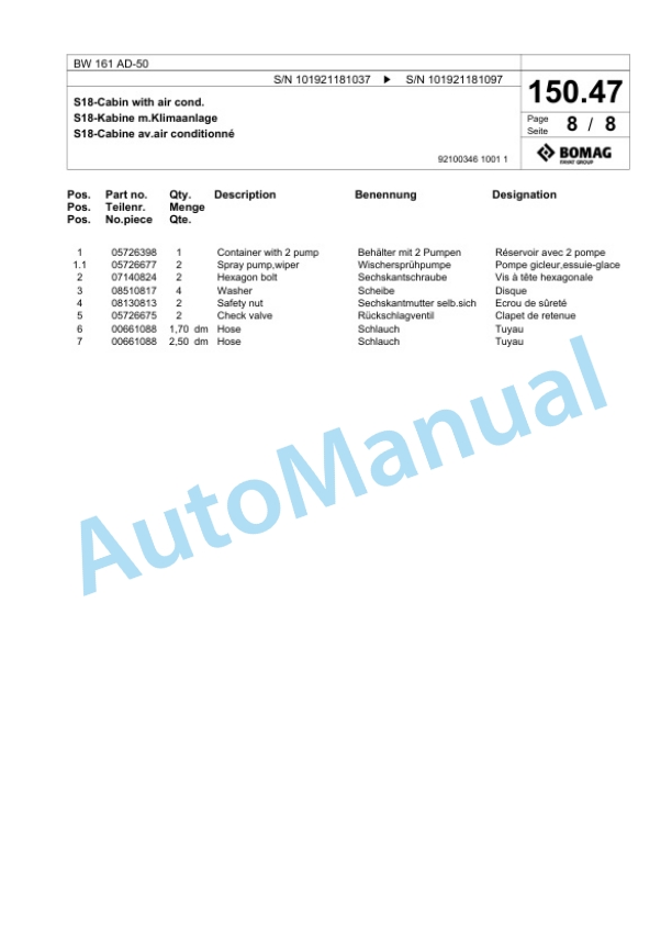 Bomag BW 161 AD-50 Tandem Vibratory Roller Spare Parts Catalogue 00824111 4 Bomag BW 161 AD-50 Tandem Vibratory Roller Spare Parts Catalogue 00824111-4