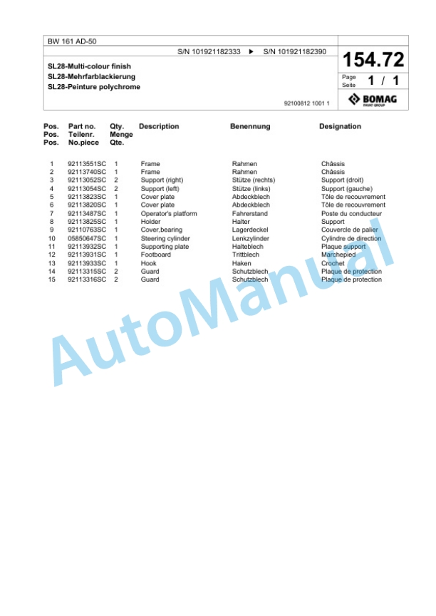 Bomag BW 161 AD-50 Tandem Vibratory Roller Spare Parts Catalogue 00824111 5 Bomag BW 161 AD-50 Tandem Vibratory Roller Spare Parts Catalogue 00824111-5