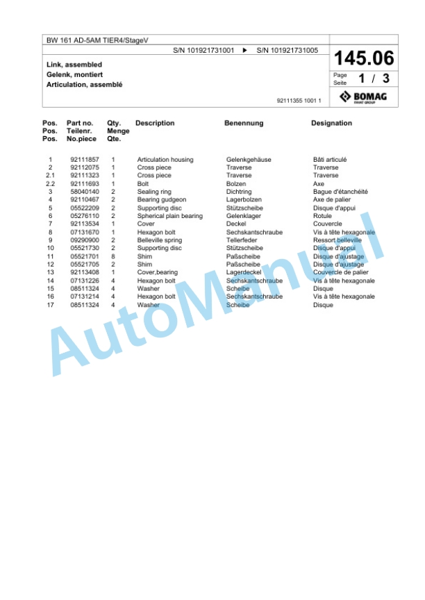 Bomag BW 161 AD-5AM TIER4 - StageV Tandem Vibratory Roller Spare Parts Catalogue 00825633 3 Bomag BW 161 AD-5AM TIER4 - StageV Tandem Vibratory Roller Spare Parts Catalogue 00825633-3
