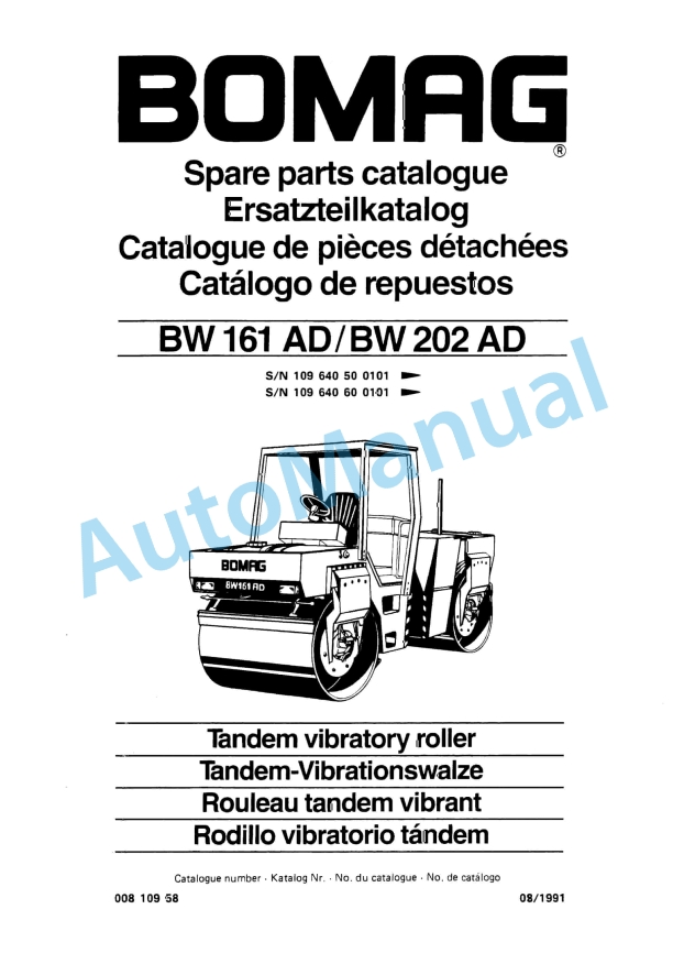 Bomag BW 161 AD, BW 202 AD Tandem Vibratory Roller Spare Parts Catalogue 00810958 1 Bomag BW 161 AD, BW 202 AD Tandem Vibratory Roller Spare Parts Catalogue 00810958