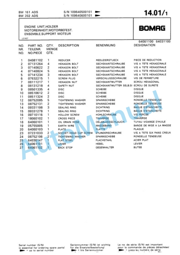 Bomag BW 161 AD, BW 202 AD Tandem Vibratory Roller Spare Parts Catalogue 00810958 5 Bomag BW 161 AD, BW 202 AD Tandem Vibratory Roller Spare Parts Catalogue 00810958-5