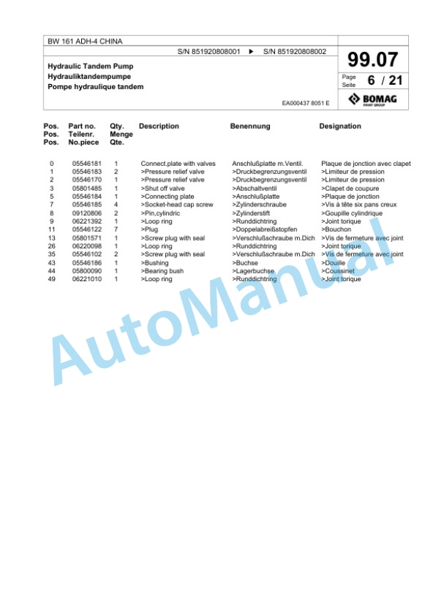 Bomag BW 161 ADH-4 CHINA Tandem Vibratory Roller Spare Parts Catalogue 00818055 4 Bomag BW 161 ADH-4 CHINA Tandem Vibratory Roller Spare Parts Catalogue 00818055-4