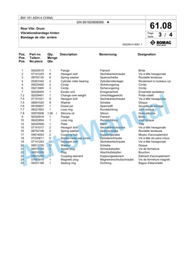 Bomag BW 161 ADH-4 CHINA Tandem Vibratory Roller Spare Parts Catalogue 00818365 2 Bomag BW 161 ADH-4 CHINA Tandem Vibratory Roller Spare Parts Catalogue 00818365-2