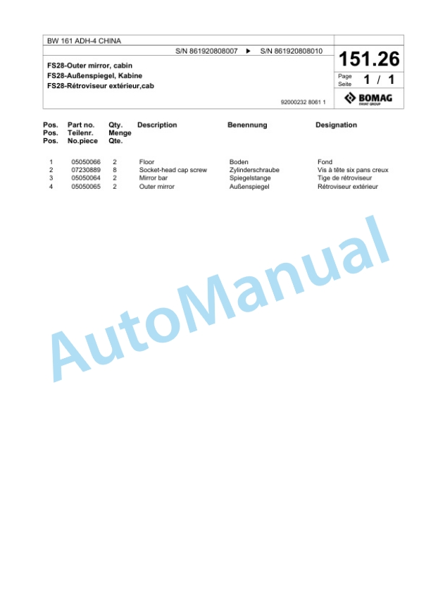 Bomag BW 161 ADH-4 CHINA Tandem Vibratory Roller Spare Parts Catalogue 00818365 5 Bomag BW 161 ADH-4 CHINA Tandem Vibratory Roller Spare Parts Catalogue 00818365-5