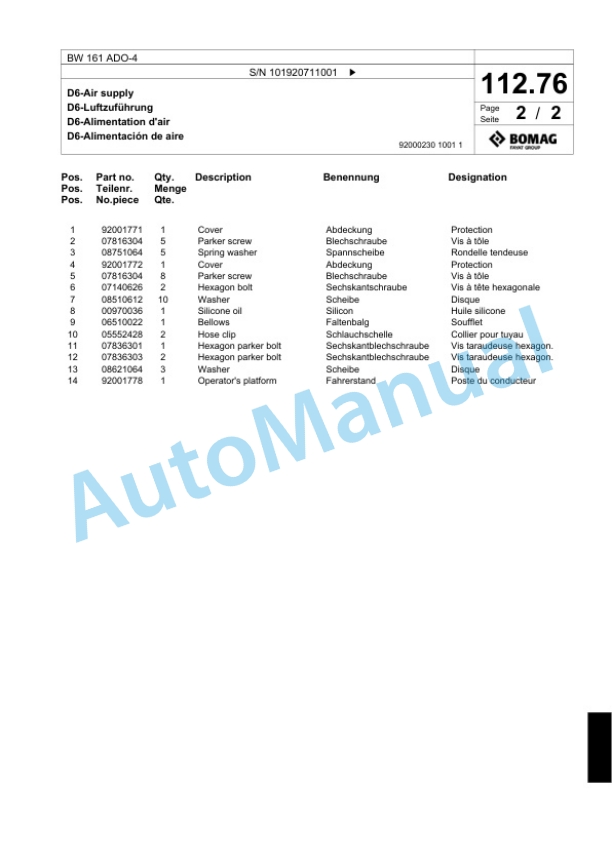 Bomag BW 161 ADO-4 Tandem Vibratory Roller Spare Parts Catalogue 00824335 4 Bomag BW 161 ADO-4 Tandem Vibratory Roller Spare Parts Catalogue 00824335-4