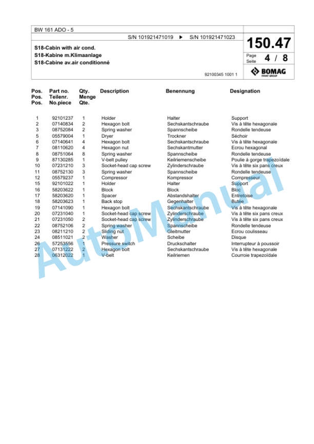Bomag BW 161 ADO-5 Tandem Vibratory Roller Spare Parts Catalogue 00824657 3 Bomag BW 161 ADO-5 Tandem Vibratory Roller Spare Parts Catalogue 00824657-3