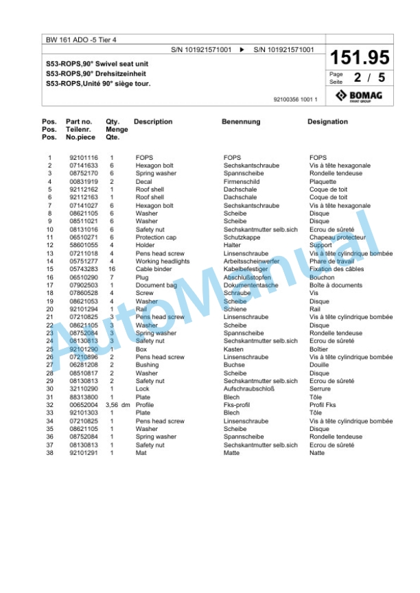 Bomag BW 161 ADO-5 Tier 4 Tandem Vibratory Roller Spare Parts Catalogue 00824947 4 Bomag BW 161 ADO-5 Tier 4 Tandem Vibratory Roller Spare Parts Catalogue 00824947-4