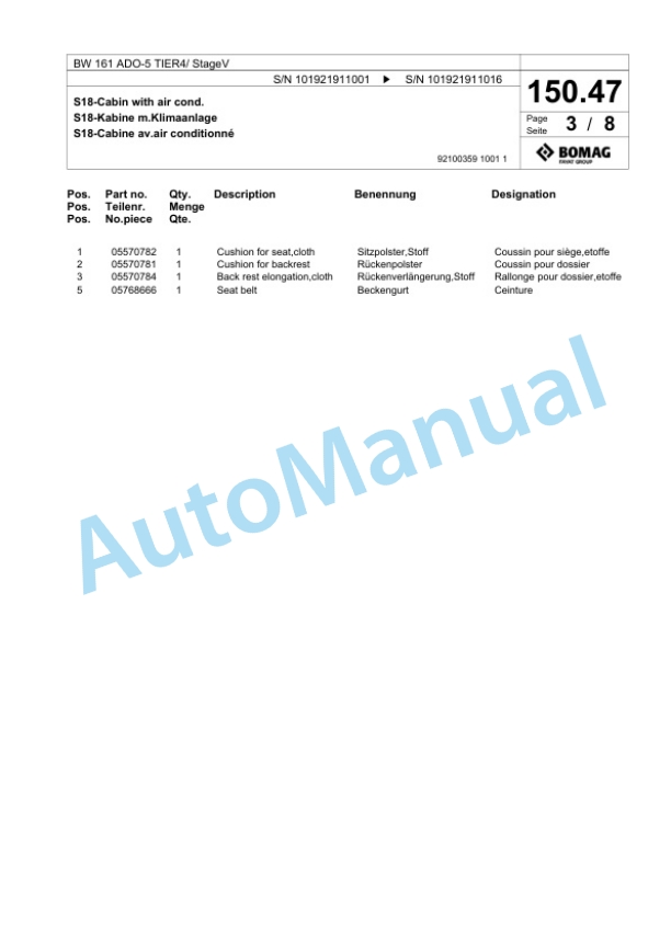 Bomag BW 161 ADO-5 TIER4 - StageV Tandem Vibratory Roller Spare Parts Catalogue 00826593 3 Bomag BW 161 ADO-5 TIER4 - StageV Tandem Vibratory Roller Spare Parts Catalogue 00826593-3