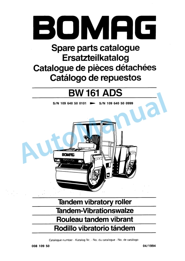 Bomag BW 161 ADS Tandem Vibratory Roller Spare Parts Catalogue 00810950 1 Bomag BW 161 ADS Tandem Vibratory Roller Spare Parts Catalogue 00810950