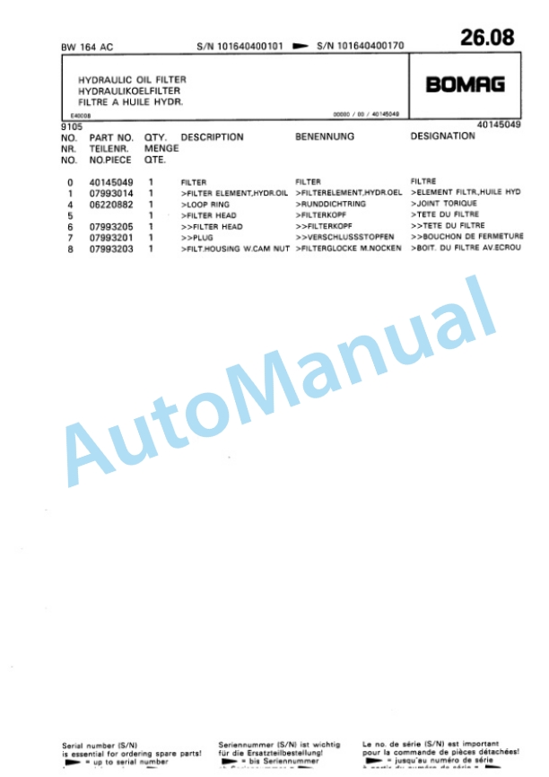 Bomag BW 164 AC Combination Roller Spare Parts Catalogue 00810054 2 Bomag BW 164 AC Combination Roller Spare Parts Catalogue 00810054-2