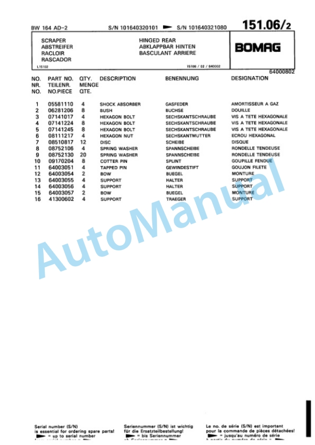 Bomag BW 164 AD-2 Tandem Vibratory Roller Spare Parts Catalogue 00810167 5 Bomag BW 164 AD-2 Tandem Vibratory Roller Spare Parts Catalogue 00810167-5