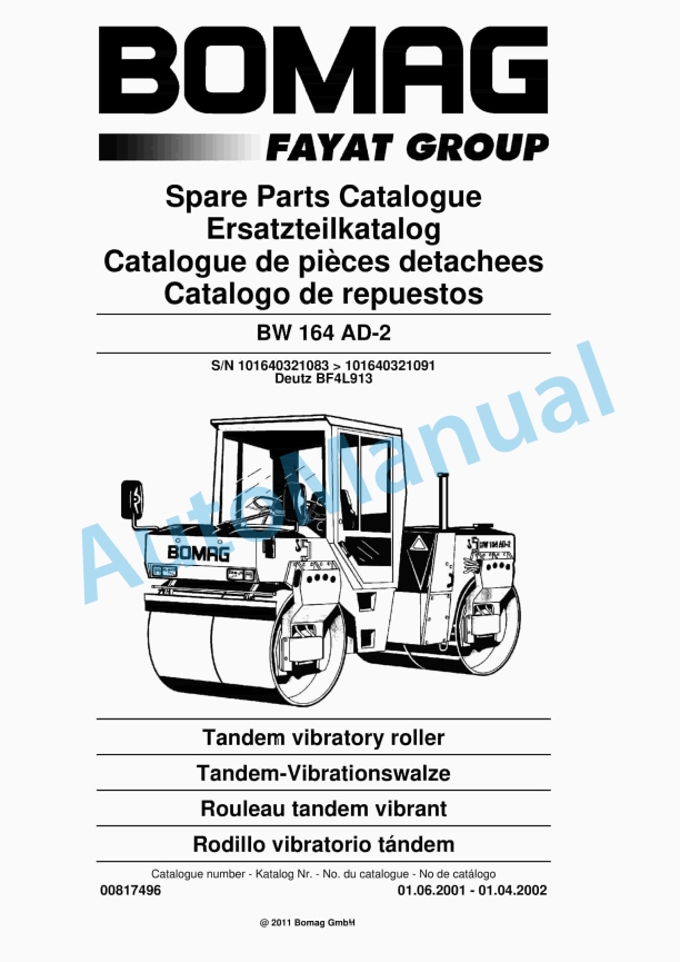 Bomag BW 164 AD-2 Tandem Vibratory Roller Spare Parts Catalogue 00817496 1 Bomag BW 164 AD-2 Tandem Vibratory Roller Spare Parts Catalogue 00817496