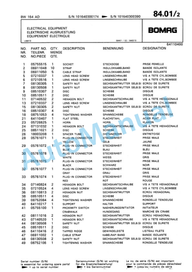 Bomag BW 164 AD Tandem Vibratory Roller Spare Parts Catalogue 00810055-5