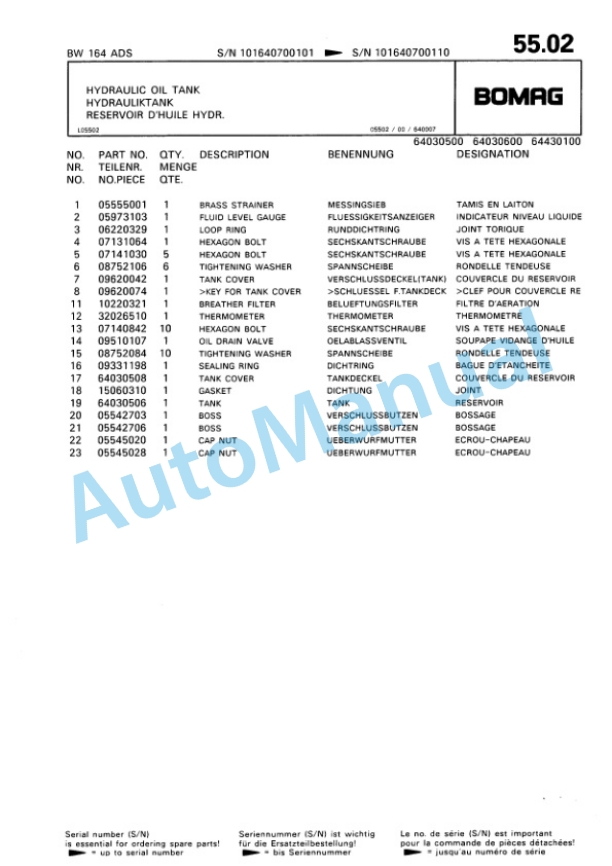 Bomag BW 164 AD Tandem Vibratory Roller Spare Parts Catalogue 00810061-4