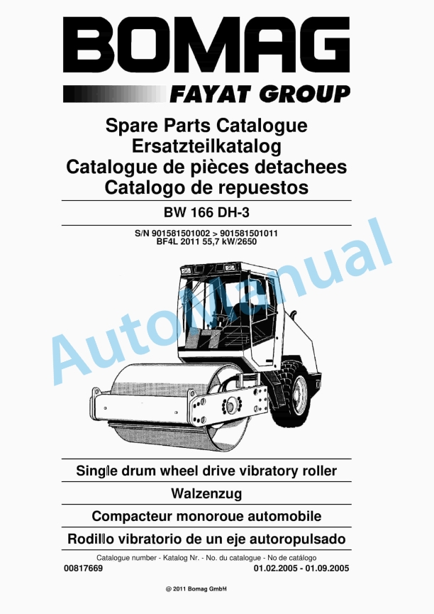 Bomag BW 166 DH-3 Single Drum Wheel Drive Vibratory Roller Spare Parts Catalogue 00817669 1 Bomag BW 166 DH-3 Single Drum Wheel Drive Vibratory Roller Spare Parts Catalogue 00817669
